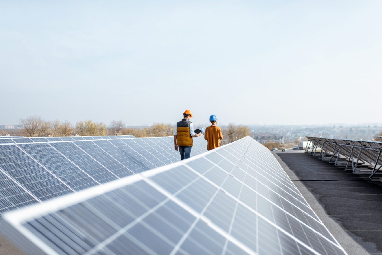 Two people walking through a field of solar panels