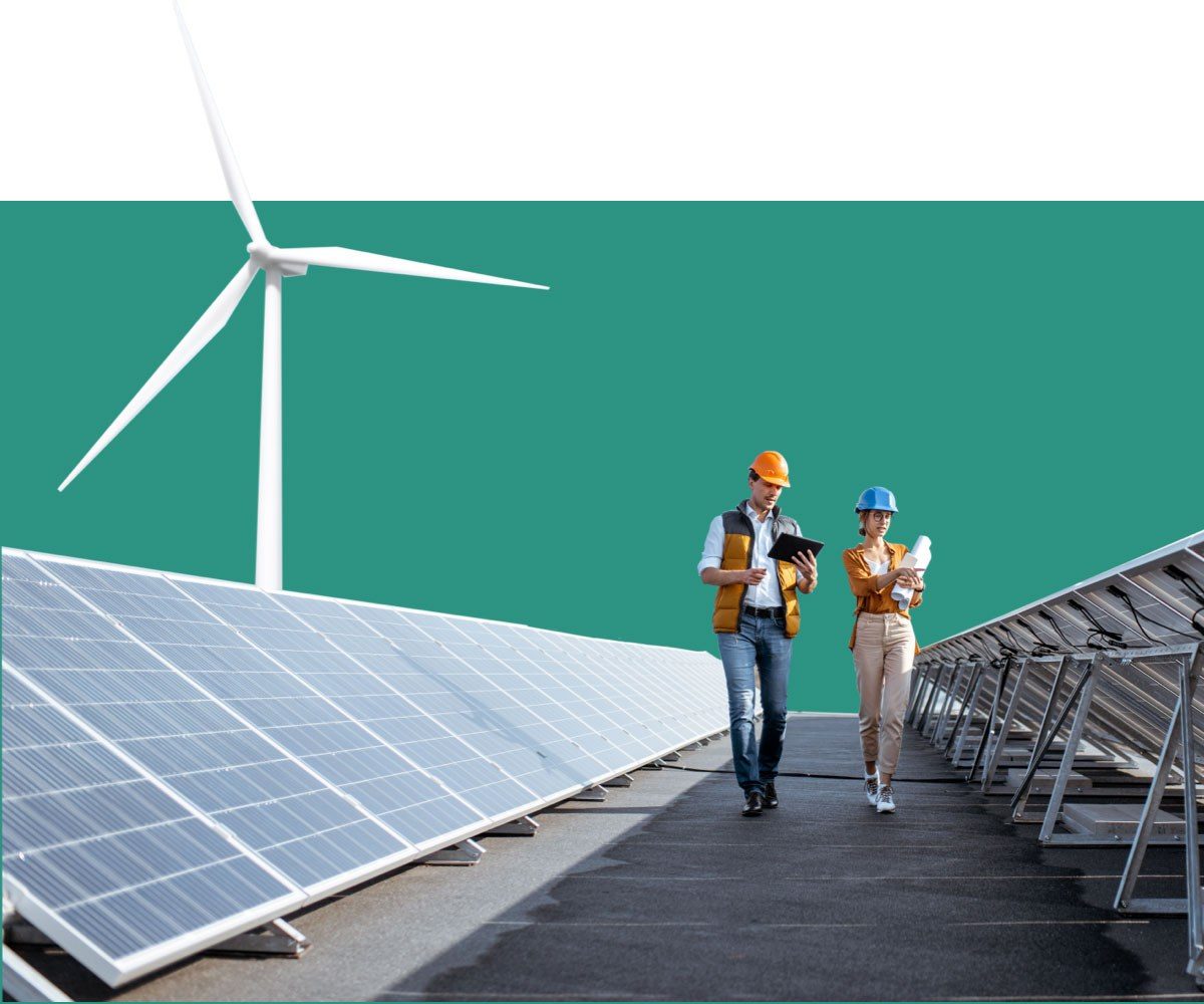 Two workers examine solar panels on a roof