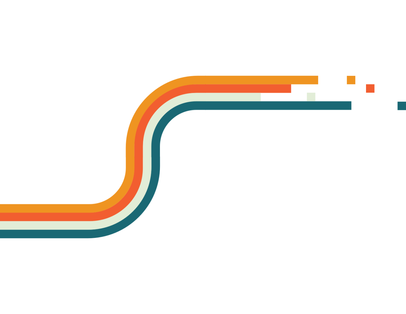 A graphic of several multicolored lines twisting and breaking off into square dots