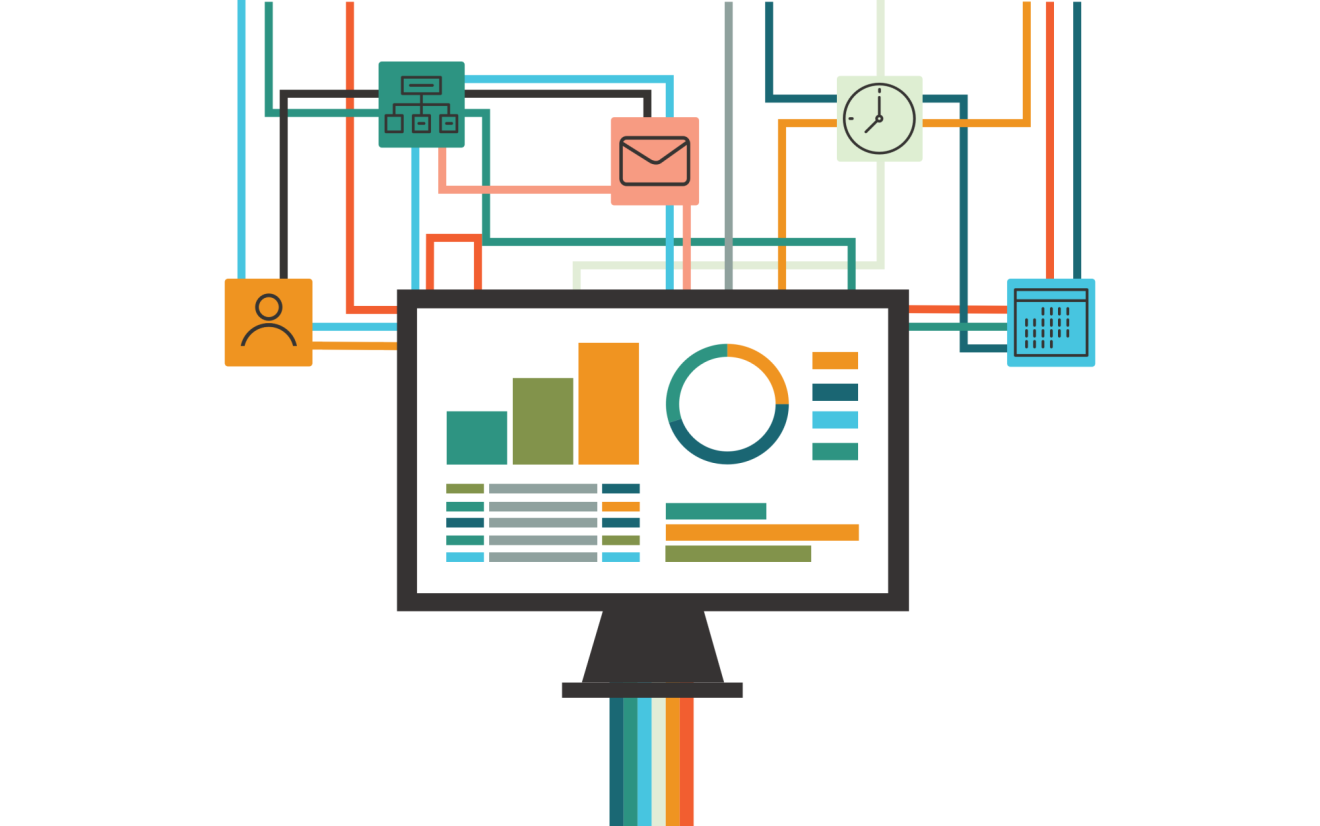 A set of disorganized, chaotic lines pass through a computer and emerge cohesive and organized