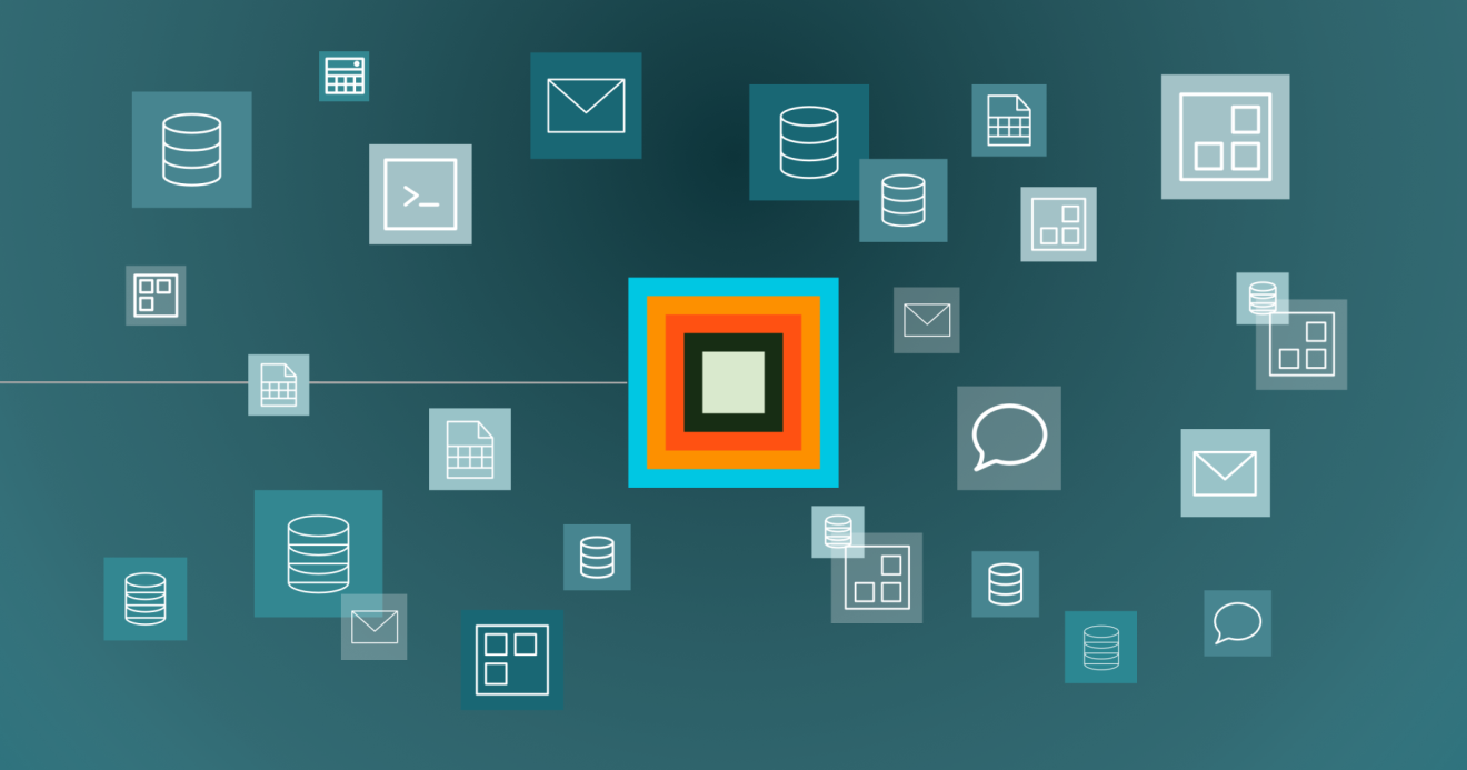 Disorganized, monochromatic icons float behind a clear layered Quickbase square, representing clarity vs Gray Work