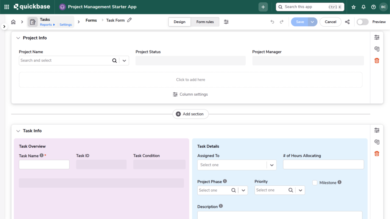 A screenshot of Quickbase's Project Management starter app