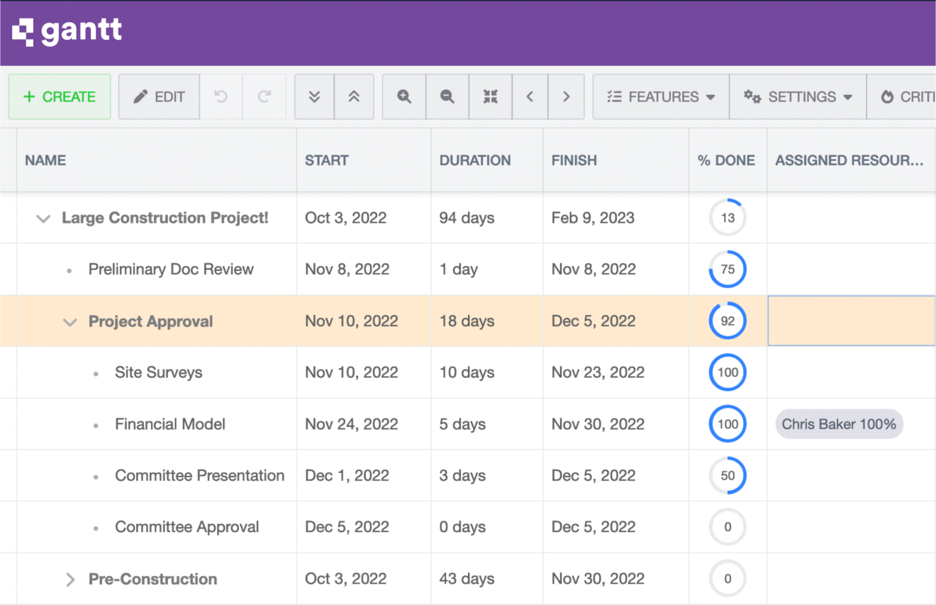 A screenshot of the project & deliverables list within the Quickbase Gantt software