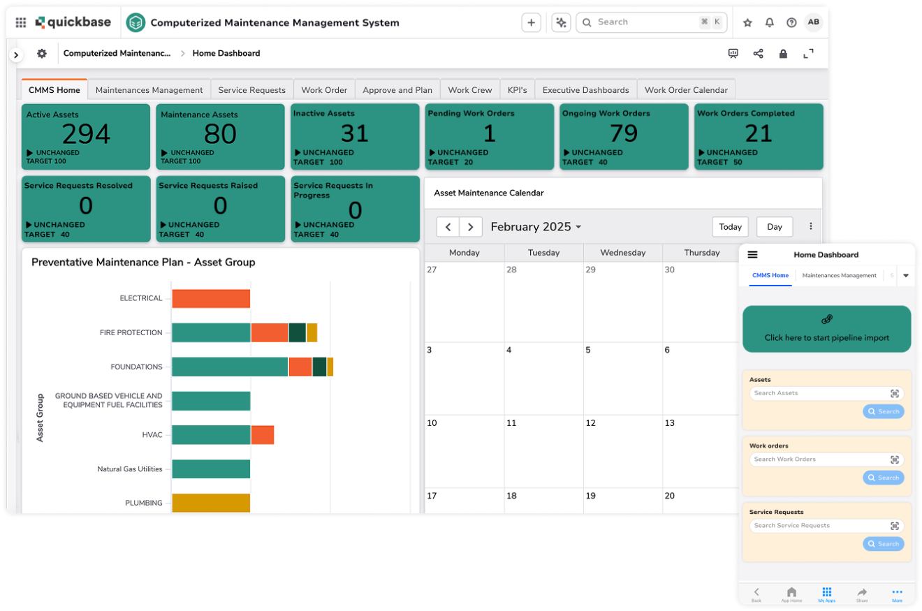 Computerized maintenance management system desktop home and mobile layered product screenshots