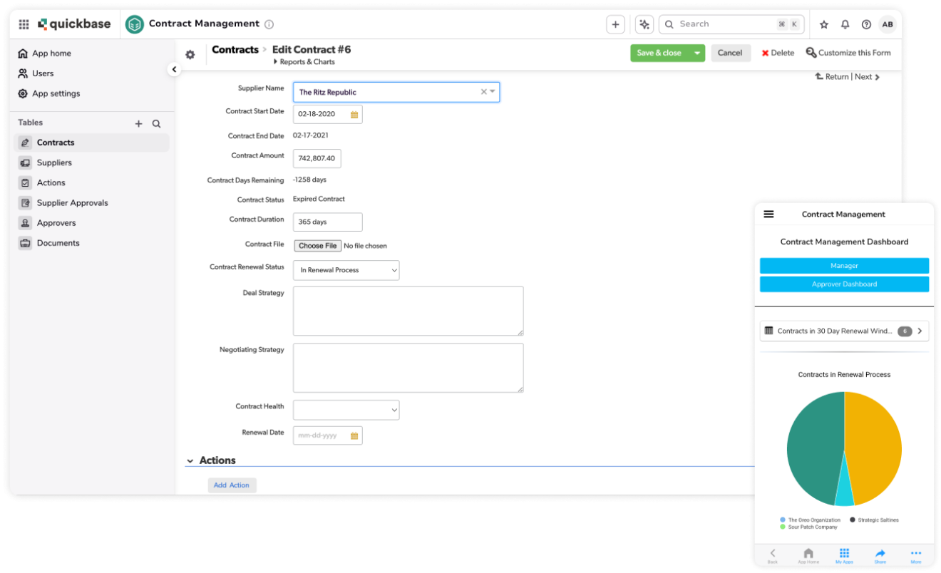Contract management edit contract desktop and mobile piechart layered screenshots
