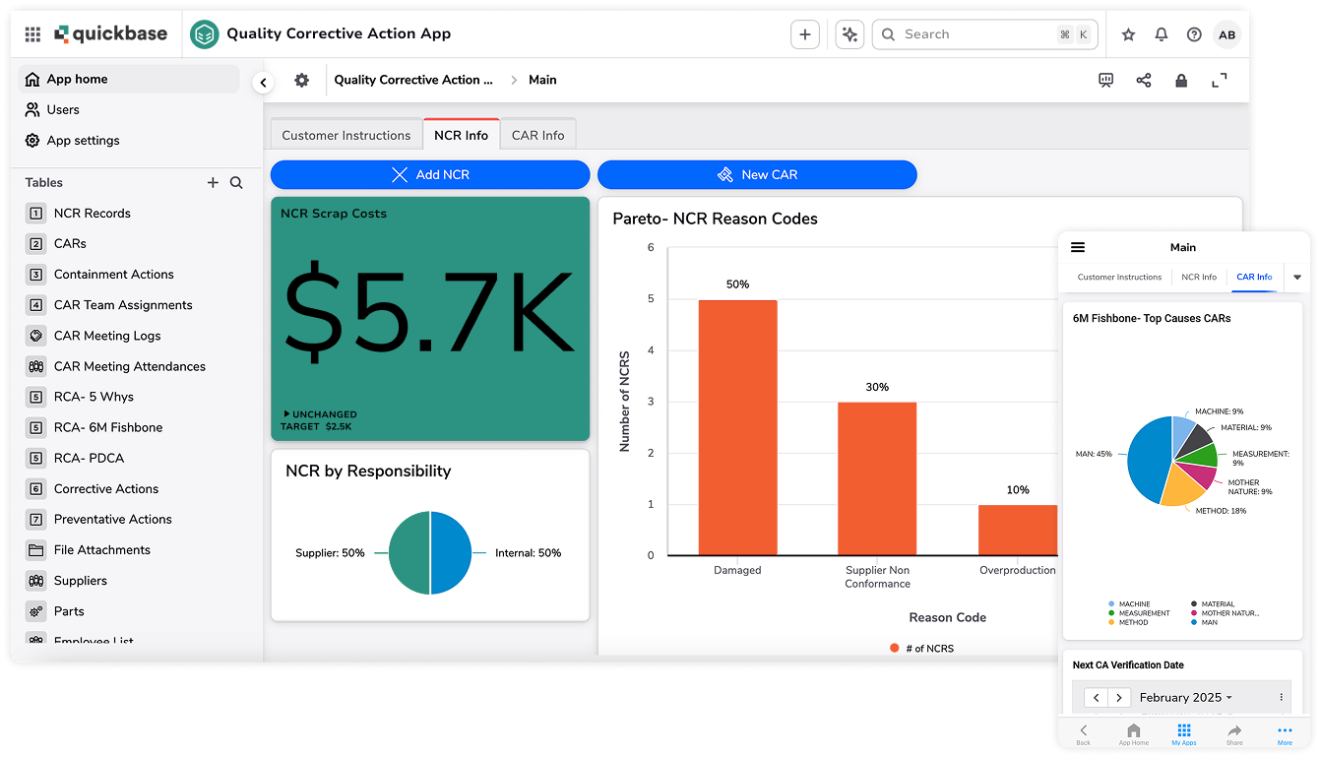 Quality corrective action app NCR info and mobile layered product screenshots