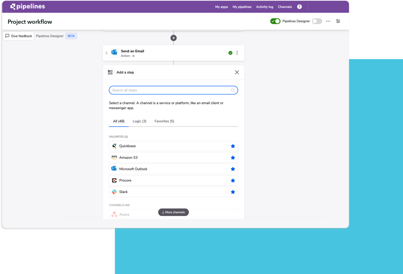 A screenshot of Quickbase's Pipelines builder