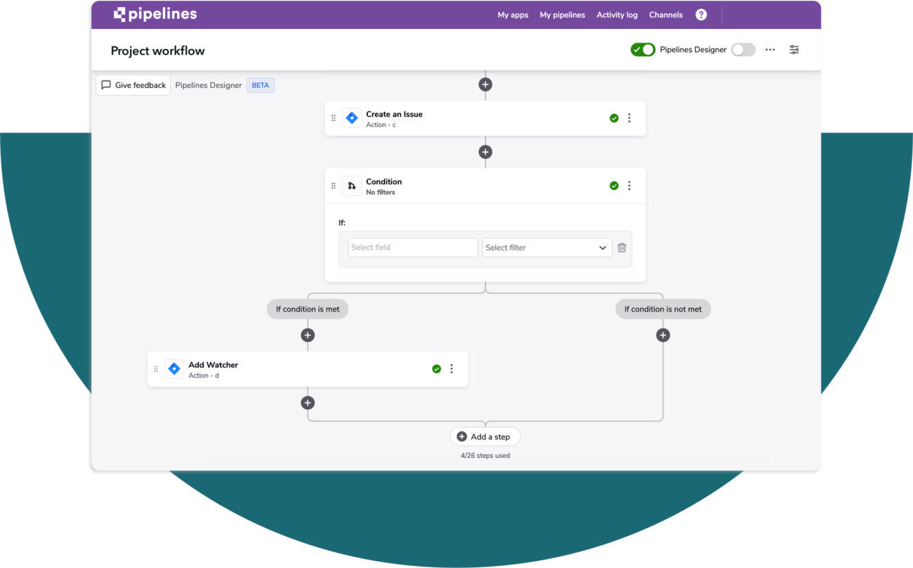 A screenshot of the Pipelines builder in Quickbase