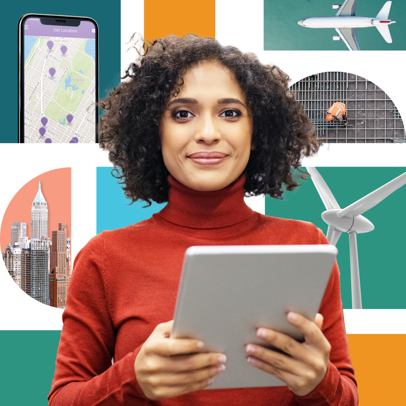 A woman holds a tablet and smiles in front of a collage of various use case and industry visuals